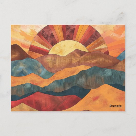 Boho Sunset Over Mountains -Retro Earthy Landscape ポストカード (裏面)