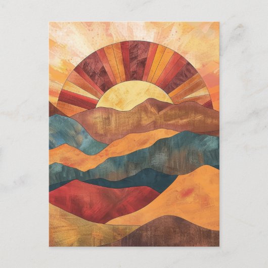 Boho Sunset Over Mountains -Retro Earthy Landscape ポストカード (正面)