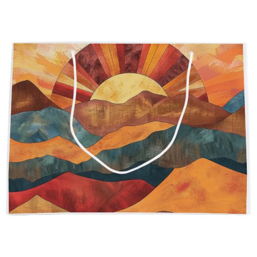Boho Sunset Over Mountains -Retro Earthy Landscape ラージペーパーバッグ (正面)