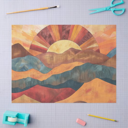 Boho Sunset Over Mountains -Retro Earthy Landscape 薄葉紙 (クラフト)