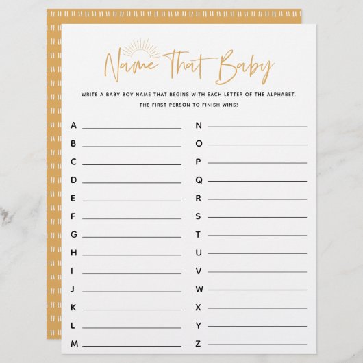 Boho Sunshineの名前その赤ちゃんシャワーゲーム (正面/裏面)