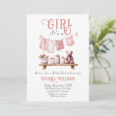 Boho Sweetその女の子ピンクの物干しの赤ちゃんシャワー 招待状 (スタンド正面)