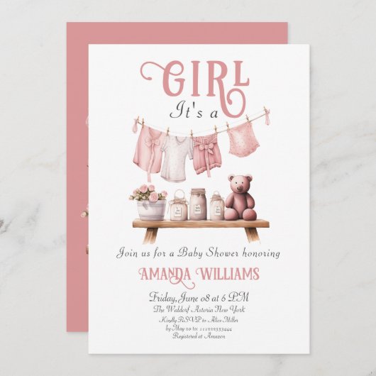 Boho Sweetその女の子ピンクの物干しの赤ちゃんシャワー 招待状 (正面/裏面)