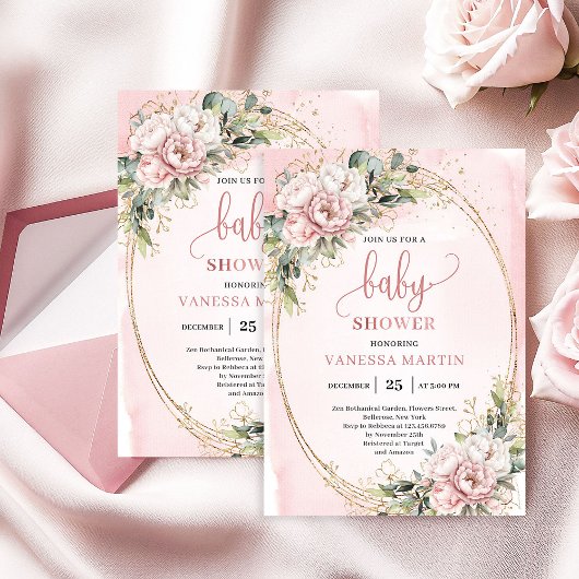 Boho Sweet Blush Floral Greenery Girl Baby Shower 招待状