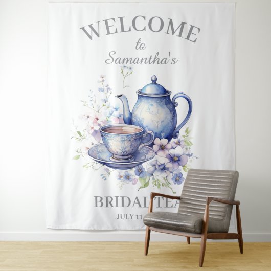 Boho Tea Pot Floral Blue Bridal Shower Tea Party タペストリー (インサイチュ)
