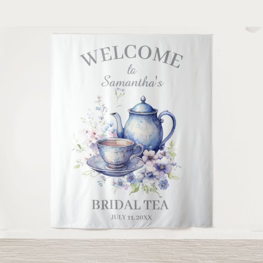 Boho Tea Pot Floral Blue Bridal Shower Tea Party タペストリー (正面)