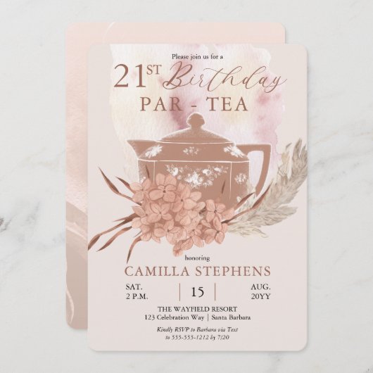 Boho Teapot Hydrangeas Pampas 21歳の誕生日パーティー 招待状 (正面/裏面)