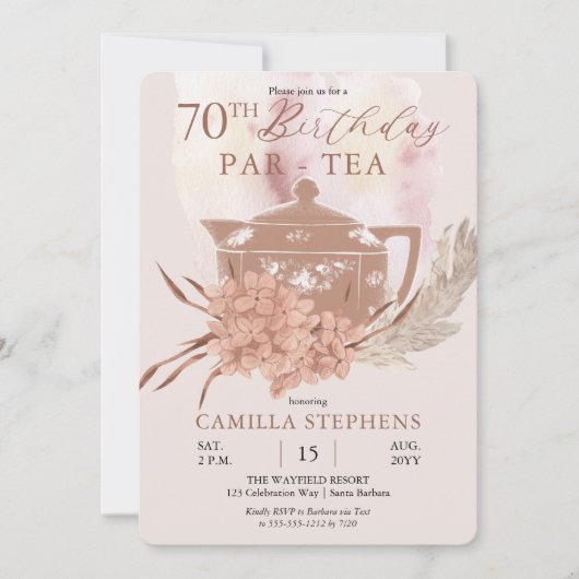 Boho Teapot Hydrangeas Pampas 70th誕生日パーティー 招待状 (正面)