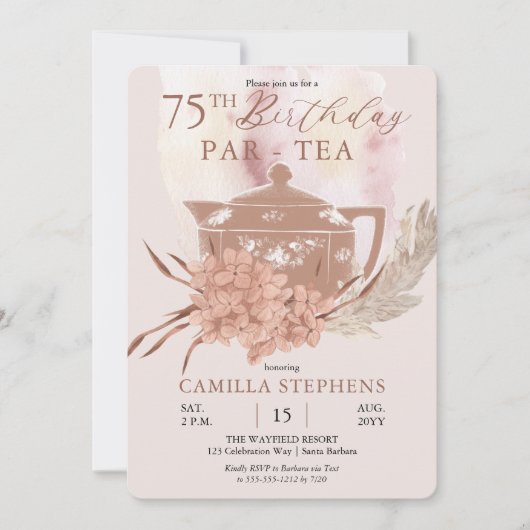 Boho Teapot Hydrangeas Pampas 75th誕生日パーティー 招待状 (正面)