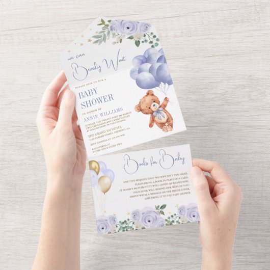 Boho Teddyクマ紫色のバルーンフローラ赤ちゃんシャワー オールインワン招待状 (貼ってはがせる)