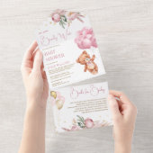 Boho Teddyベアーピンクバルーンフローラベビーシャワー オールインワン招待状 (貼ってはがせる)