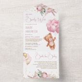 Boho Teddyベアーピンクバルーンフローラベビーシャワー オールインワン招待状 (内側)
