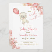 Boho Teddyベアーピンクフローラバルーンベビーシャワー 招待状 (正面/裏面)