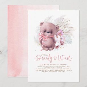 Boho Teddyベアーピンクbearly待ち女の子ベビーシャワー 招待状