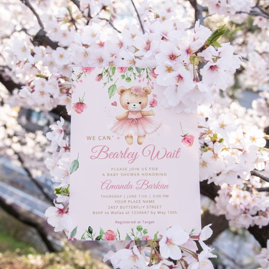 Boho Teddyベアーピンクbearly待ち女の子ベビーシャワー 招待状