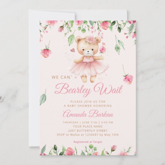 Boho Teddyベアーピンクbearly待ち女の子ベビーシャワー 招待状 (正面)