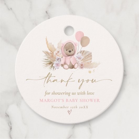 Boho Teddyベアーピンクbearly待ち赤ちゃんシャワー フェイバータグ (正面)