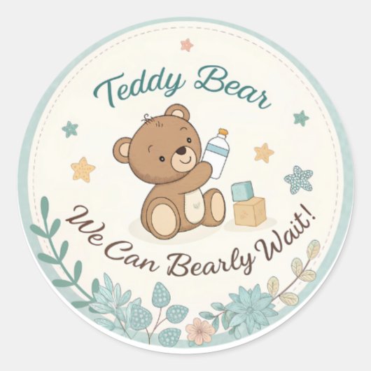 Boho TeddyベアーブルーBearly待ち赤ちゃんシャワー ラウンドシール (正面)
