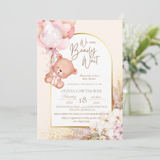 Boho Teddy Bearとフローラモダンベビーシャワー 招待状 (スタンド正面)