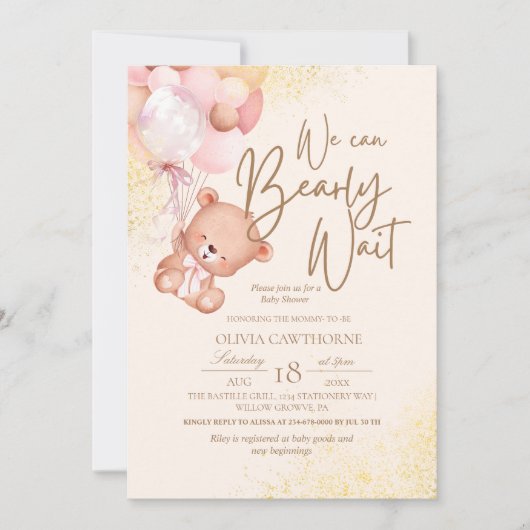 Boho Teddy Bearと可愛エレガントいベビーシャワー 招待状 (正面)