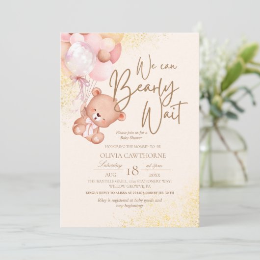 Boho Teddy Bearと可愛エレガントいベビーシャワー 招待状 (スタンド正面)