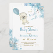 Boho Teddy Bearほこりっぽいブルーバルーンボーイベビーシャワー 招待状 (正面/裏面)
