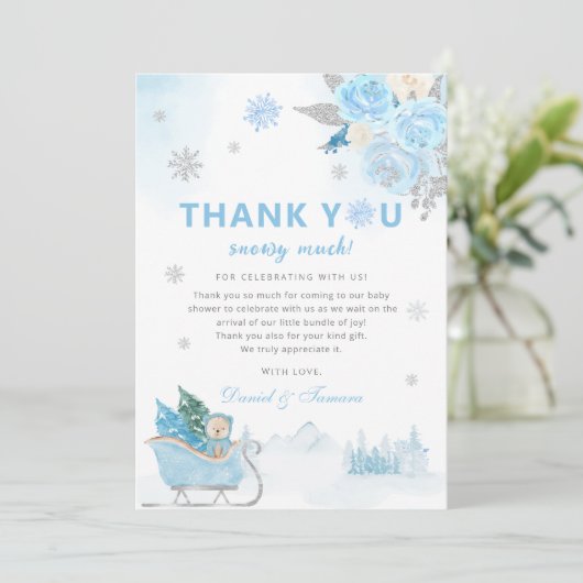 Boho Teddy Bearスノーフレーク冬のベビーシャワー サンキューカード (スタンド正面)