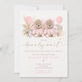 Boho Teddy Bearツイン女の子Bearly Wait赤ちゃんシャワー 招待状 (正面)