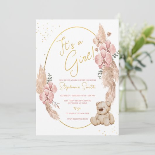 Boho Teddy Bearピンクと金ゴールド赤ちゃんシャワー 招待状 (スタンド正面)