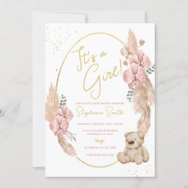 Boho Teddy Bearピンクと金ゴールド赤ちゃんシャワー 招待状