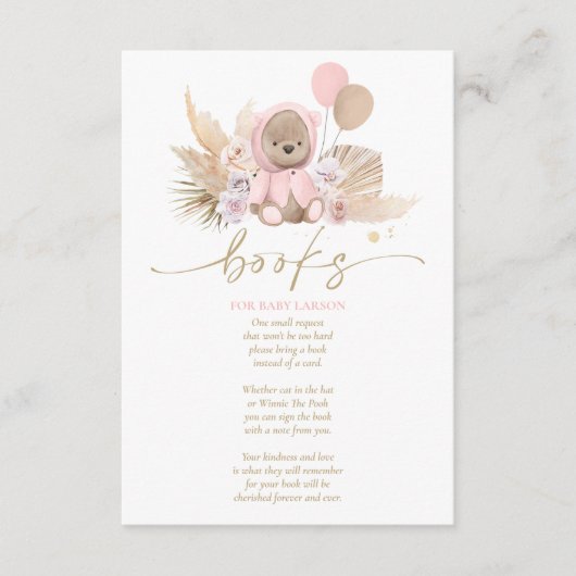 Boho Teddy Bearピンクベビーシャワーベビー エンクロージャーカード (正面)