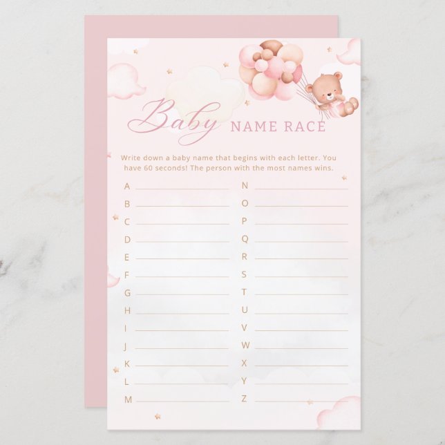 Boho Teddy Bearベビーシャワーベビー名レースゲーム (正面/裏面)