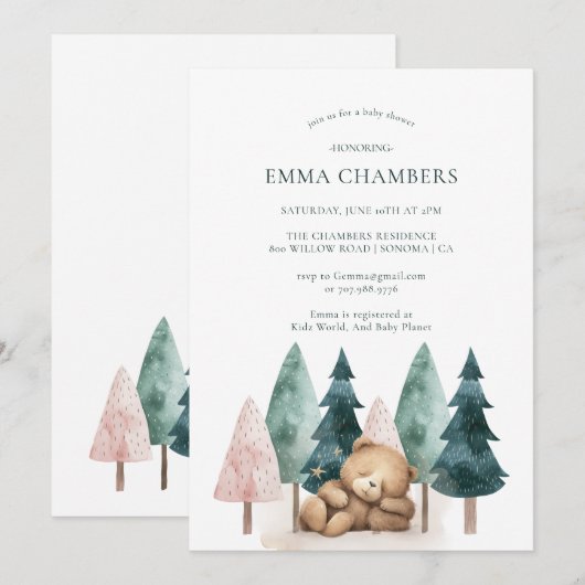 Boho Teddy Bearベビーシャワー 招待状 (正面/裏面)