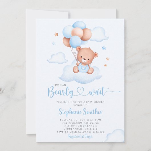 Boho Teddy Bear我々は赤ちゃんシャワーを待つことができる 招待状 (正面)