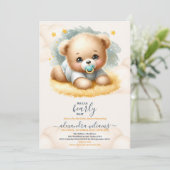 Boho Teddy Bear我々は赤ちゃんシャワーを待つことができる 招待状 (スタンド正面)