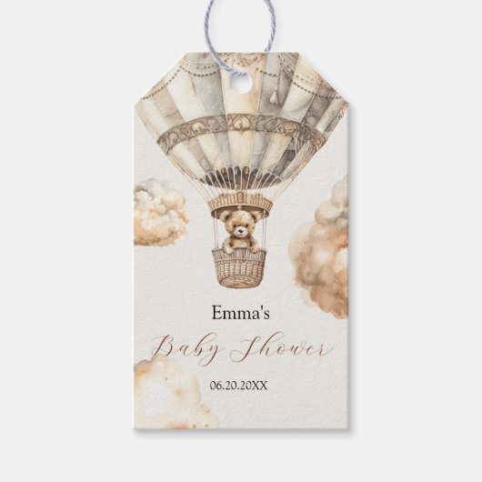 Boho Teddy Bear Air Balloon Skyベビーシャワー ギフトタグ (正面)