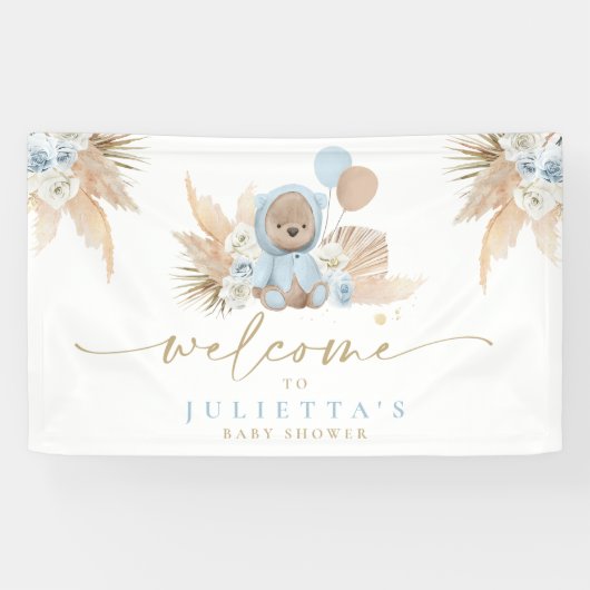 Boho Teddy Bear Baby Shower Boy Blue Bear Welcome 横断幕 (横)
