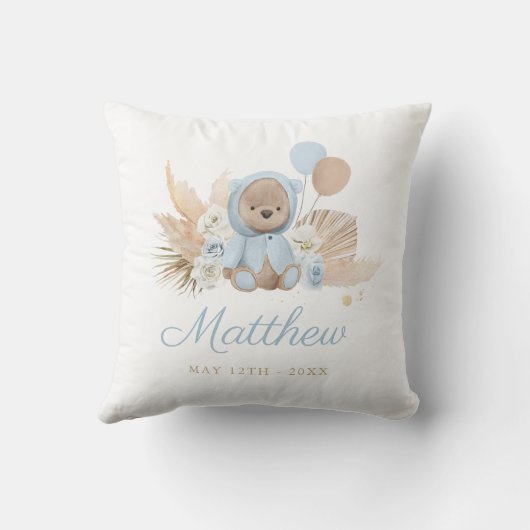 Boho Teddy Bear Baby Shower Gift Boy Blue Bear クッション (裏面)