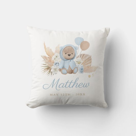 Boho Teddy Bear Baby Shower Gift Boy Blue Bear クッション (正面)