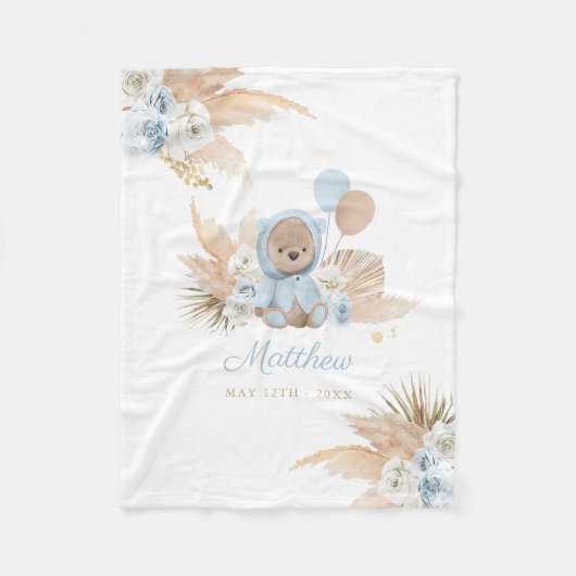 Boho Teddy Bear Baby Shower Gift Boy Blue Bear フリースブランケット (正面)