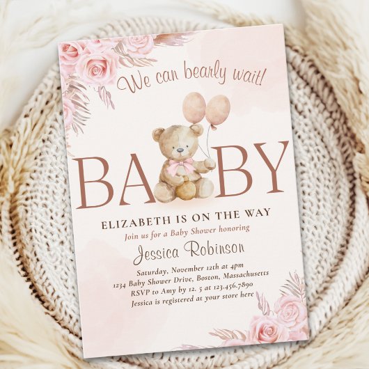 Boho Teddy Bear Baby Shower Girl 招待状