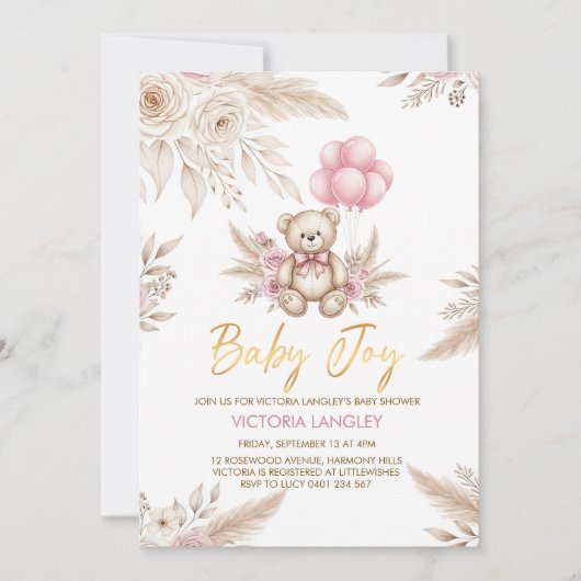 Boho Teddy Bear Baby Shower Invitation 招待状 (正面)