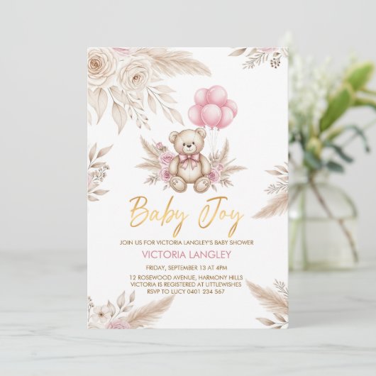 Boho Teddy Bear Baby Shower Invitation 招待状 (スタンド正面)