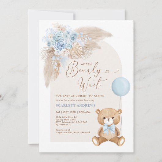 Boho Teddy Bear Balloon Pampas Boy Baby Shower 招待状 (正面)