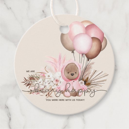 Boho Teddy Bear & Balloons Bearly Waitベビーシャワー フェイバータグ (正面)
