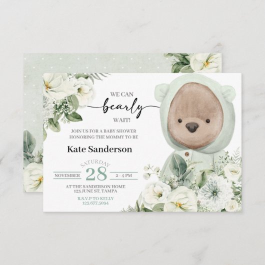 Boho Teddy Bear Bearly Wait Baby Shower Invitation (正面/裏面)