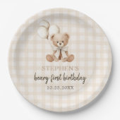 Boho Teddy Bear Beary First 1st Birthday Party ペーパープレート (正面)