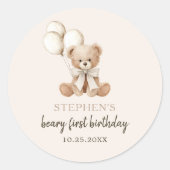 Boho Teddy Bear Beary First 1st Birthday Party ラウンドシール (正面)