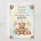Boho Teddy Bear Beary First 1st Birthday Party 招待状 (正面)