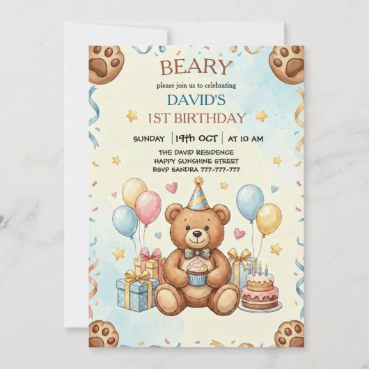 Boho Teddy Bear Beary First 1st Birthday Party 招待状 (正面)